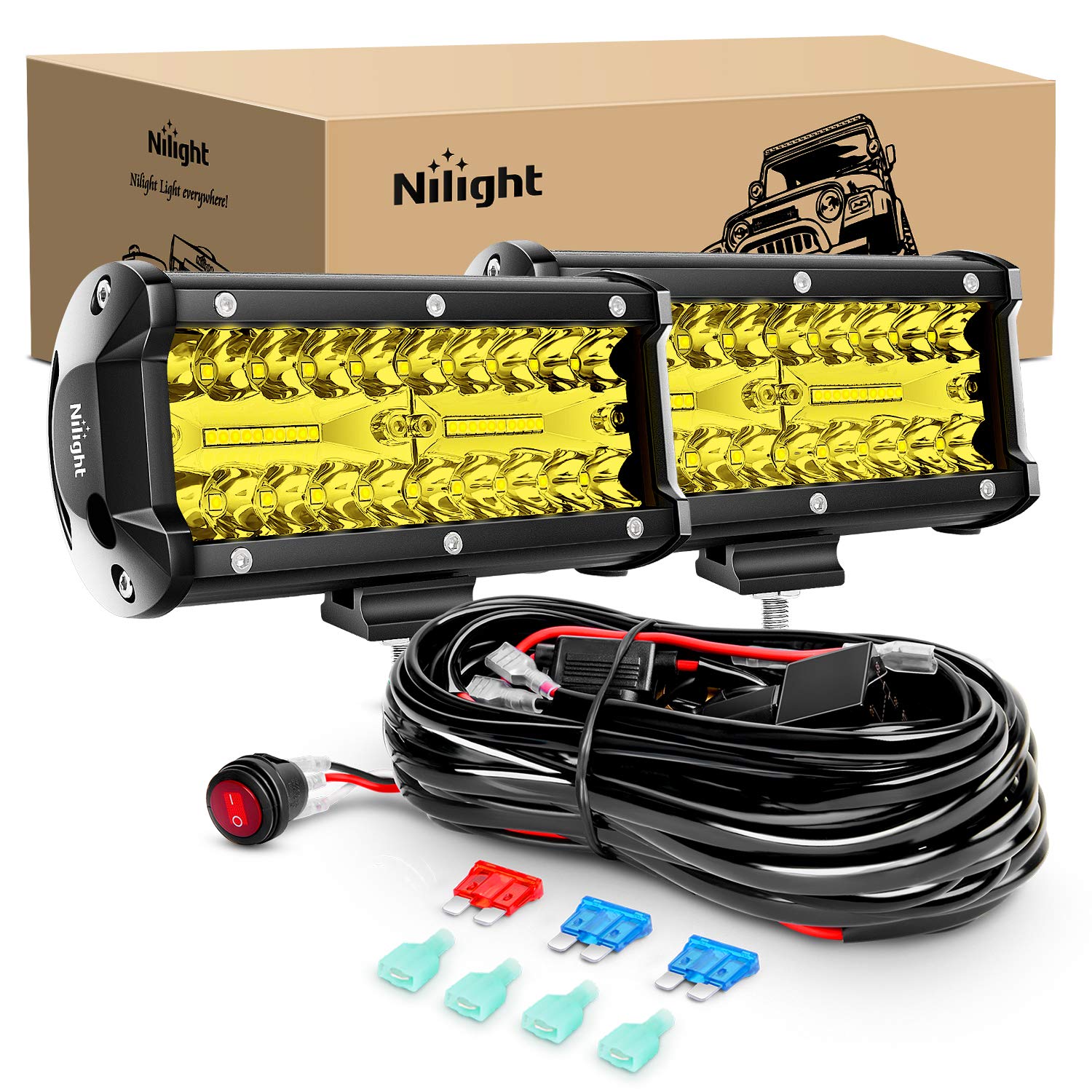 Nilight Led Light Bar 2PCS 6.5 Inch Amber 120W Spot Flood Combo 12000LM Waterproof Triple Rows Off Road Fog Lights with 16AWG Wiring Harness Kit-2 Lead, 2 Year Warranty Image Nilight Led Light Bar 2PCS 6.5 Inch Amber 120W Spot Flood Combo 12000LM Waterproof Triple Rows Off Road Fog Lights with 16AWG Wiring Harness Kit-2 Lead, 2 Year Warranty Image