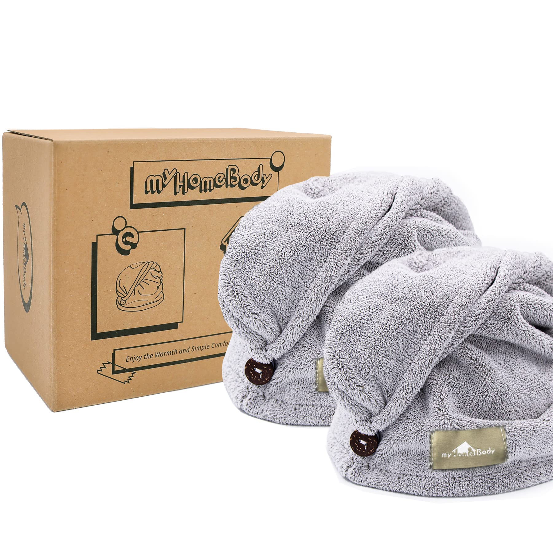 myHomeBody Hair Towel Wrap, Luxury Rapid-Dry Hair-Drying Turban, Ultra Soft and Quick Drying Absorbent Charcoal Fiber, with Coconut Shell Button – 2 Pack