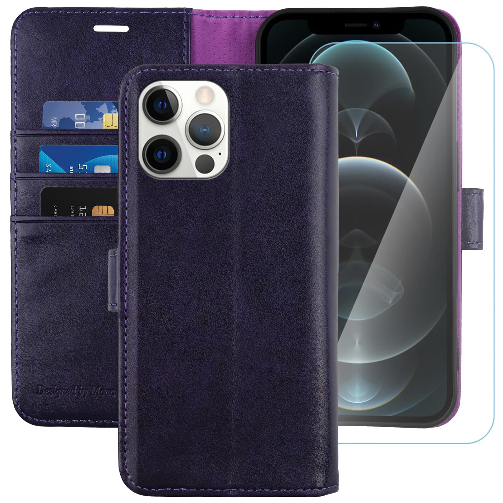 MONASAY Wallet Case for iPhone 12 Pro/iPhone 12 5G,6.1-inch[Glass Screen Protector Included] [RFID Blocking] Flip Folio Leather Cell Phone Cover with Credit Card Holder for iPhone 12/12 Pro,Purple — image 1