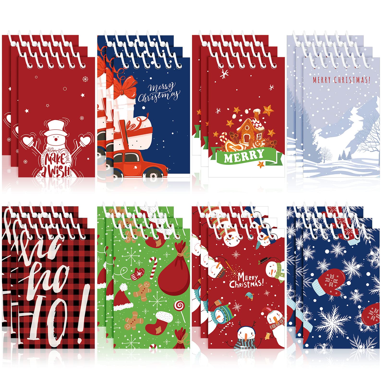 Containlol 24 Pieces Christmas Mini Spiral Notepads, Christmas Theme Small Mini Memo Pad Snowman Merry Christmas Pattern Notebooks for Kids Gift, Xmas Party Favor Supplies, 8 Patterns