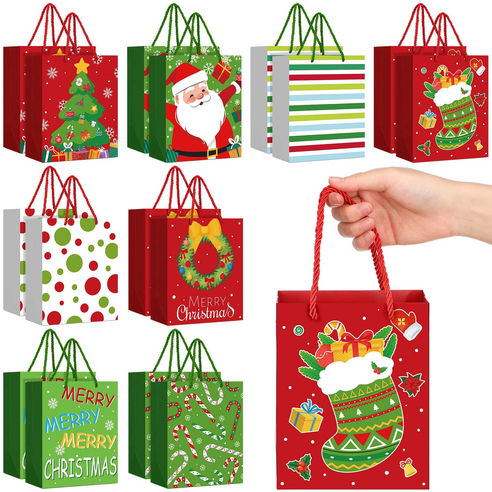 Photo 1 of 16 Pack 6" Mini Christmas Gift Bags Bulk Small Holiday Bags with Handle Red and Green Xmas Paper Goodie Treat Bag for Stocking Stuffer, Gift Card, Santa Present Wrapping, Birthday Party Favor