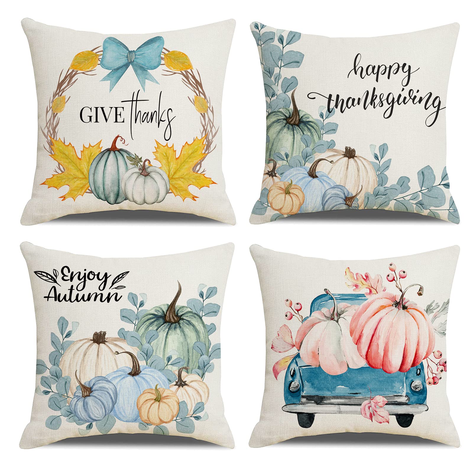 OCEUMACO Linen Cushion Covers 45 x 45 cm Sofa Living Room Set of 4 Decorative Autumn Pumpkin Throw Pillow Cases 18x18 Outdoor Fall Thanksgiving Maple Leaf Pillowcases Cushions Cover
