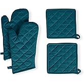 Native Fab Pot Holders and Oven Mitts Sets for Kitchen Heat Resistant - Hanging Non-Slip - 100% Cotton Kitchen Oven Mitts and Pot Holders 4 Piece Set - Teal