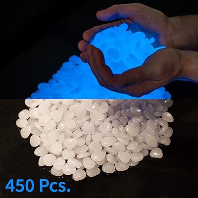 2.2lbs, 450 Piece Glow in the Dark Pebbles, Rocks, Stones. Great for Backyard or Indoor Decor, Garden Decorations, Patio Decoration, Zen Garden, Aquariums, Flower Beds. Solar or LED Charged Pebbles.