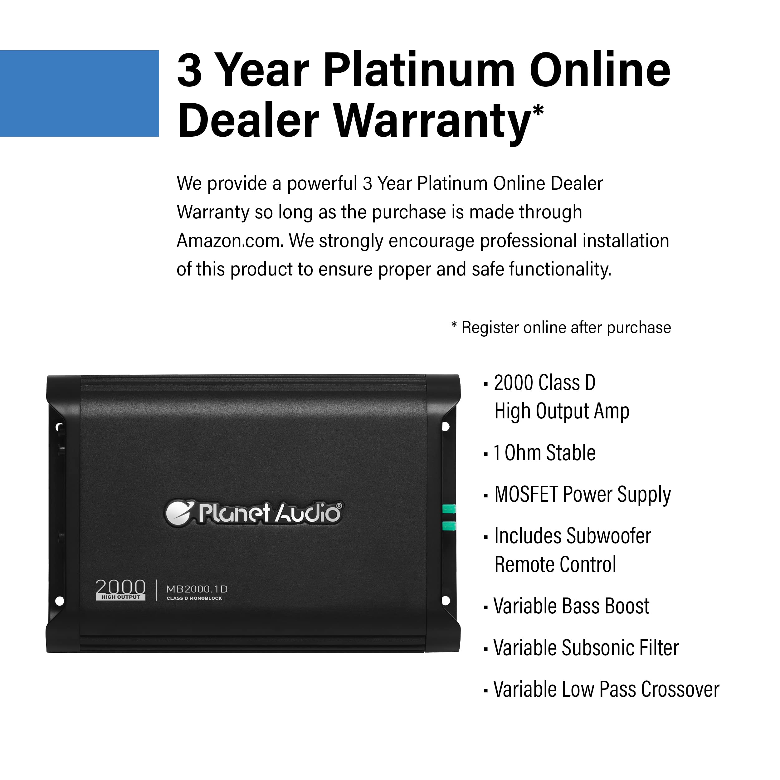 Planet Audio MB2000.1D Class D Car Amplifier - 2000 High Output, 1 Ohm Stable, Monoblock, Mosfet Power Supply, Great for Speakers and Subwoofers