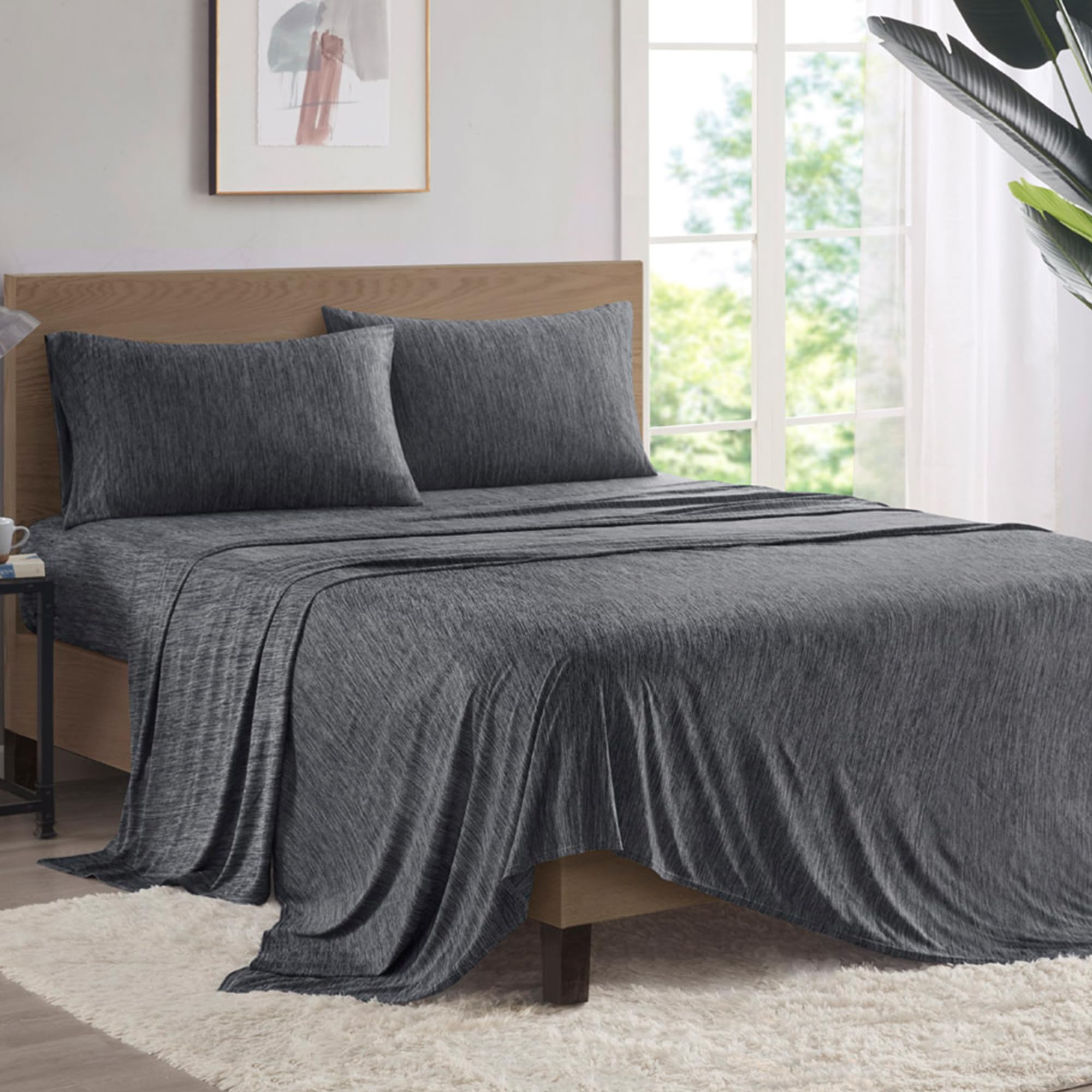 Photo 1 of Urban Habitat Cool Blend Sheet Set Jersey Knit, Heathered Yarn Tonal Design, Breathable, Premium 14" Elastic Pocket Fits up to 16" Mattress, All Season Bedding & Pillowcases, Full Black 4 Piece