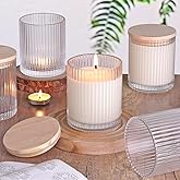 sunnyfuture 10 OZ Clear Candle Jars for Making Candles Set of 8, Ribbed Glass Candle Jars with Wood Lids and Labels, Candle Containers for DIY, Gifts, Home Decoration