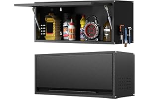 KOOYON Metal Garage Wall Cabinet with Doors Side with Holes,Wall Mounted Metal Storage Cabinet with Up-Flip Door,Garage Storage Cabinet for Garage, Basement, Kitchen, Warehouse,Office, Bathroom-Black