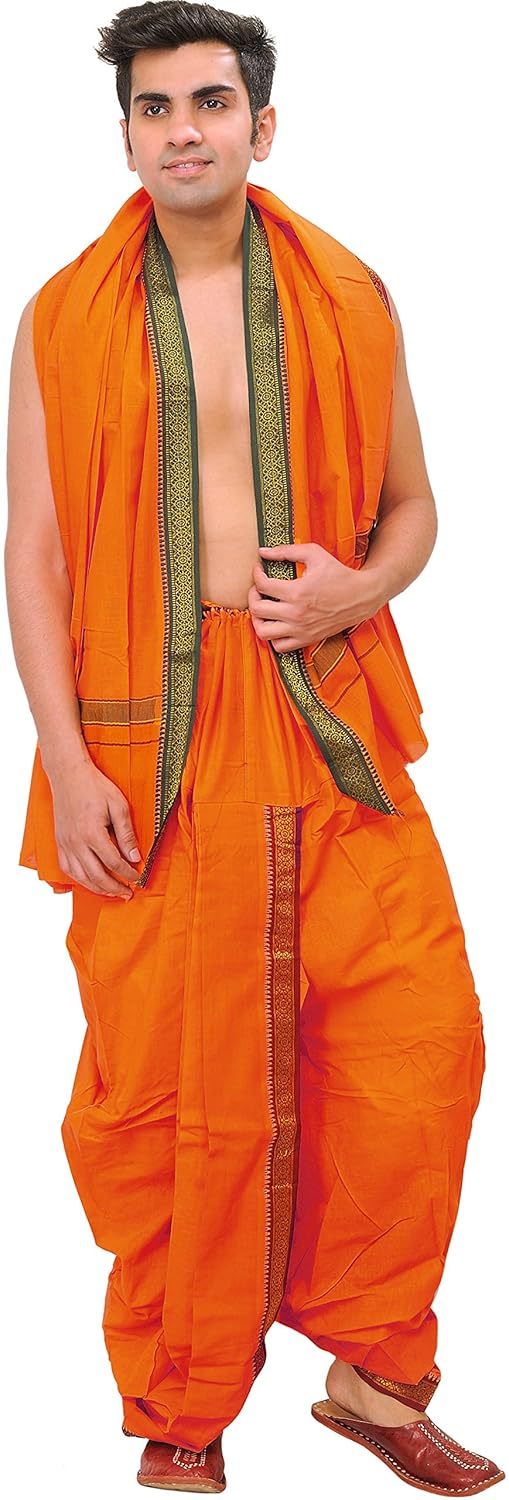 exotic india ready to wear dhoti and angavastram set with woven temple border