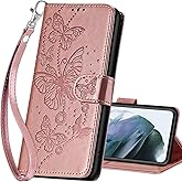 SASYMALY for Samsung Galaxy S21 FE Wallet case, Flip Folio Cover with Stand Feature for Women Men, PU Leather Phone Case Fit for Samsung Galaxy S21 FE 6.4'' [Rose Gold-Butterfly]