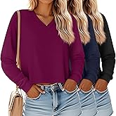 Ficerd 3 Pack Women's Crop Long Sleeve Tops V Neck Loose Cropped T Shirts Drop Shoulder Casual Basic Fall Winter Boxy Tees