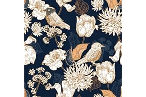 MAGAFA Vintage Dark Blue Gold Floral Wallpaper Garden Bird Flower Peel and Stick Wall Paper for Bedroom Accent Wall Teal Cont