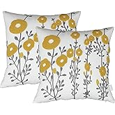 Awebest Mustard Yellow Flora Throw Pillow Covers Fall Decorative Pillowcase 18x18 Embroidered Cushion for Home Living Room Farmhouse Couch Sofa Picnic 2 Pcs
