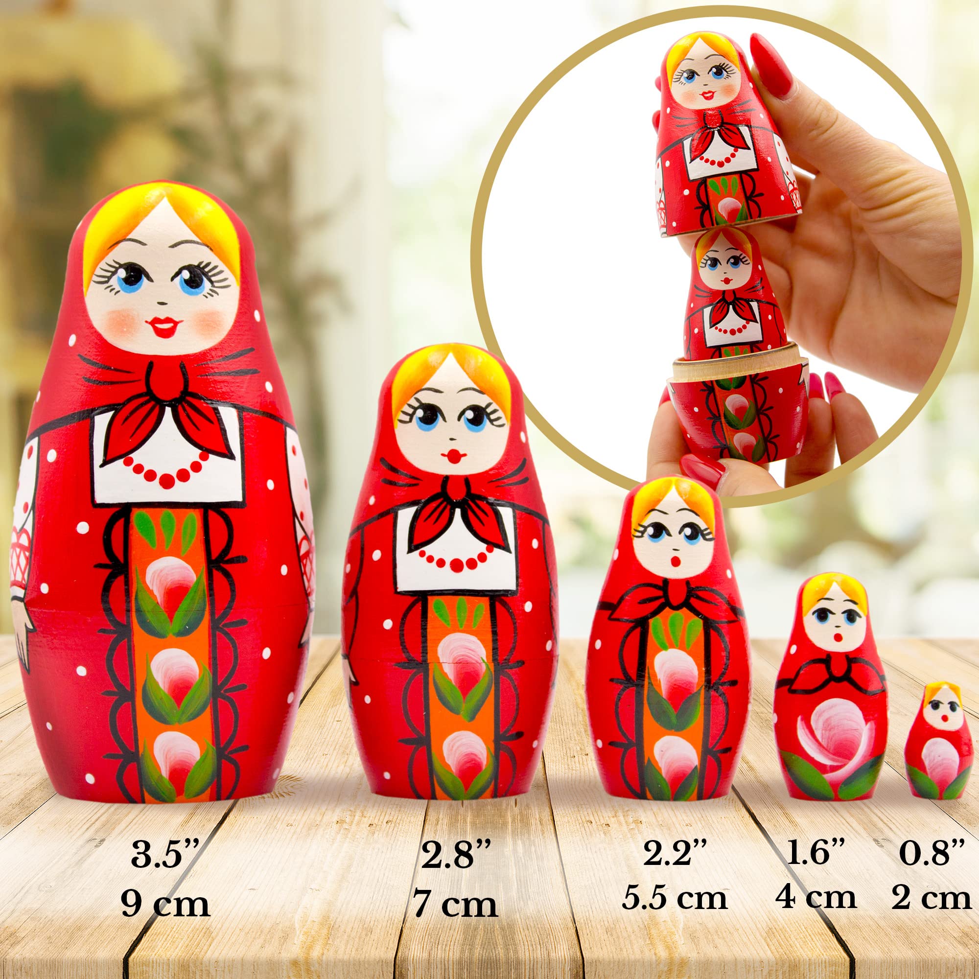 AEVVV Russian Nesting Dolls Set 5 pcs - Matryoshka Dolls with Traditional Red Russian Sarafan - Babushka Dolls - Hand-Painted Wooden Nesting Doll