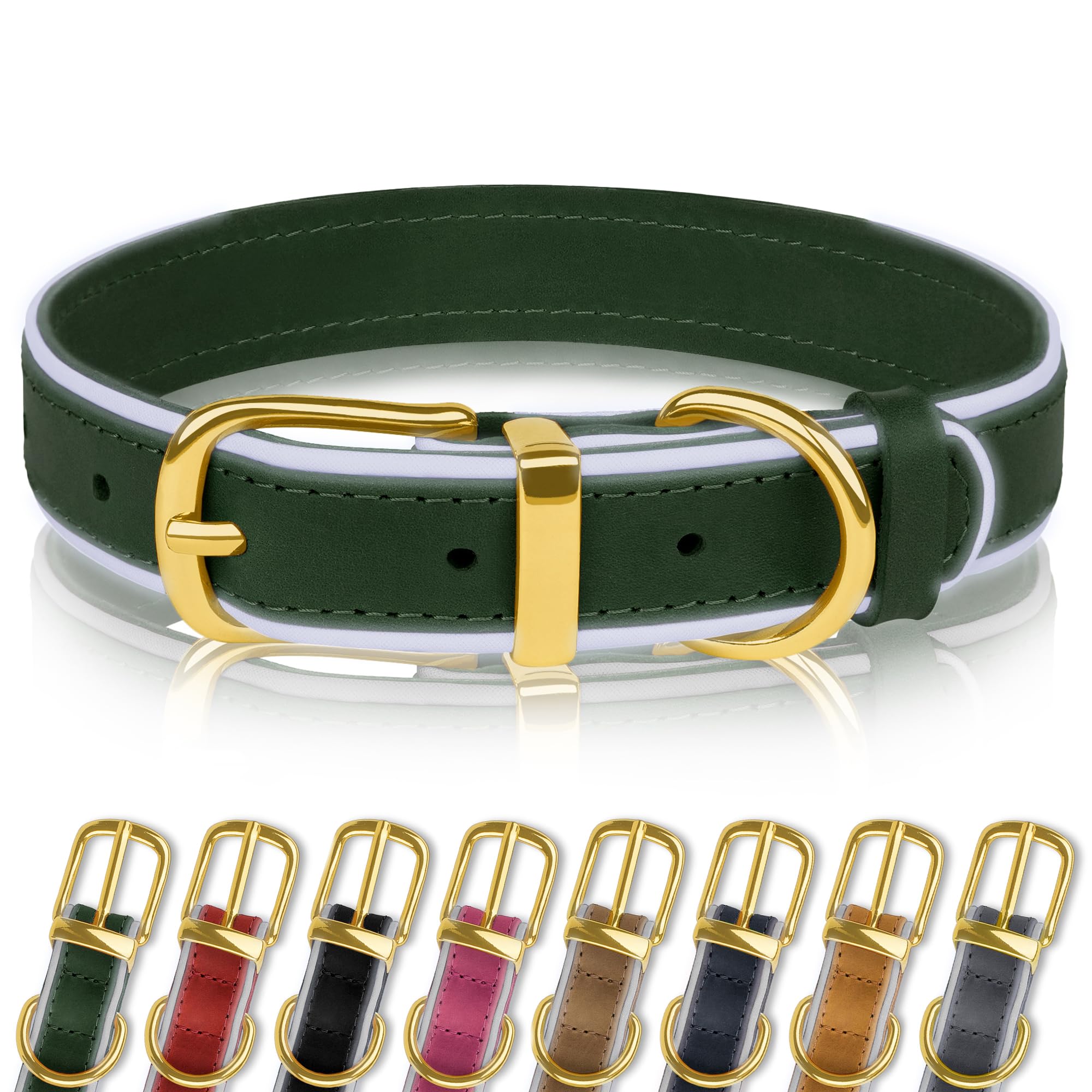 OOPSDOGGY Reflective Geniune Leather Dog Collar Soft Padded Collars for Small Medium Large Breed Dogs Puppy, 4 Sizes, 8 Colors (Green, 19"-24")