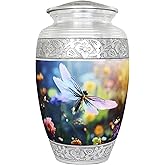 NANIURN Cremation Urns for Human Ashes Adult Female & Male, Funeral Urn for Ashes for Women & Man, Burial, Decorative Urn for Ladies, Multicolour Flowers and Dragonfly - Large Full Size