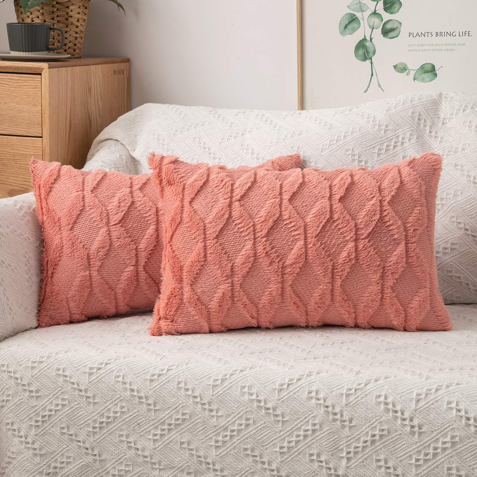 Photo 1 of MIULEE Coral Red Throw Pillow Covers 12x20 Set of 2 Spring Decorative Farmhouse Couch Throw Pillows Boho Shells Cute Soft Plush Wool Winter Pillowcases for Bedroom Living Room Sofa