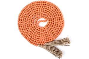CVHOMEDECO. 16 Feet Wood Beads Garland with Tassels Farmhouse Rustic Wooden Decorative Bead String Wall Hanging Accent for Home Festival Decor. Orange