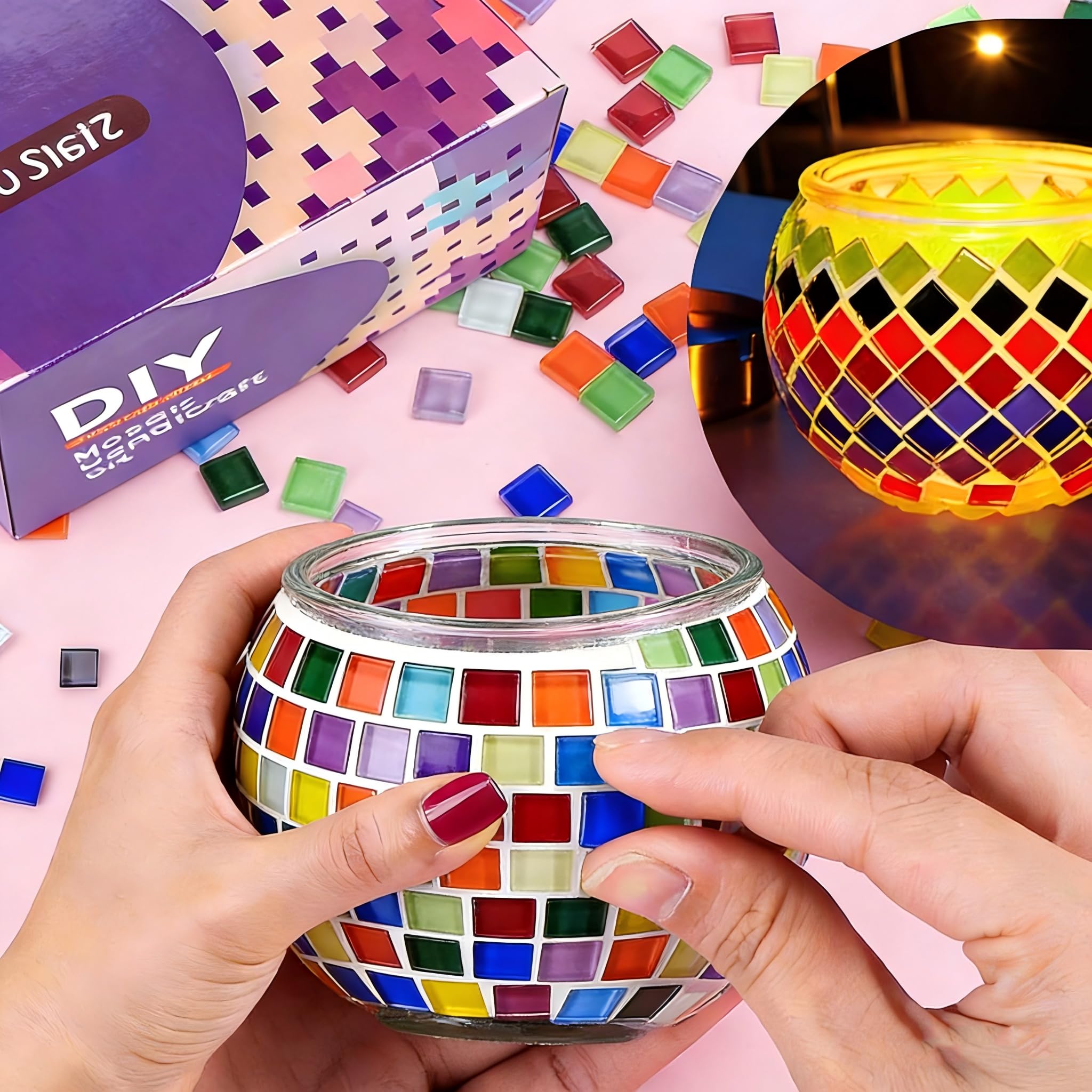 Jovicos Glass Mosaic Tiles Candle Holder Kit - Creativity DIY Kits for Kids & Adults, Square Stones Tealight Holder for Home Lighting Decor, Handmade Artwork Kids Gifts