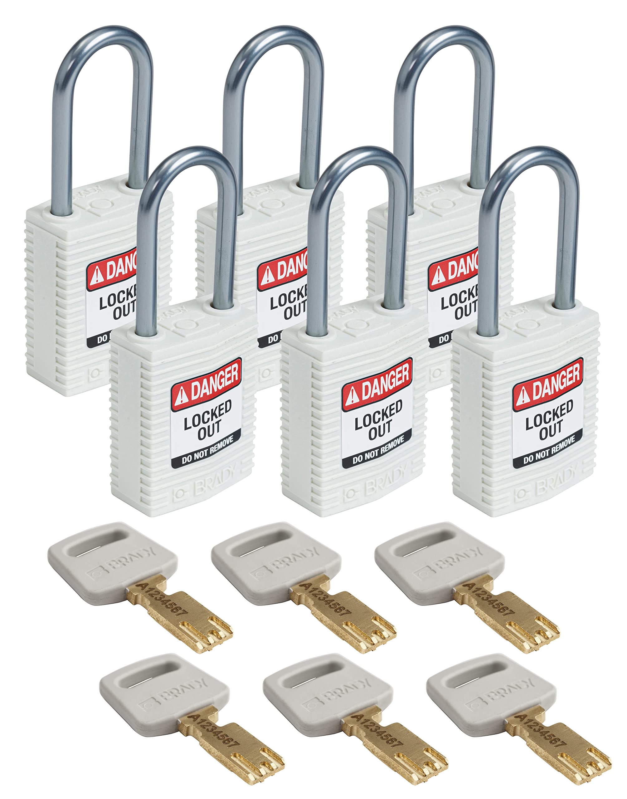 Brady CPT-WHT-38AL-KD6PK SafeKey Padlock, White, 3.0 in H x 1.25 in W x 0.75 in D