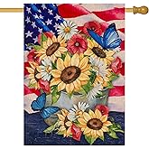 Covido Home Decorative 4th of July Sunflower American Patriotic House Flag, USA Memorial Day Independence Garden Yard Butterfly America Outside Decoration Summer Outdoor Large Decor Double Sided 28x40