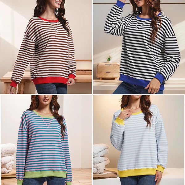 MARS GUARD WOMEN STRIPED SWEATSHIRTS COLOR BLOCK CREWNECK OVERSIZED LONG SLEEVE CLASSIC PULLOVER CASUAL LOOSE SHIRT Y2K TOP BLACK/WHITE