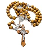 Saint Benedict Evil Protection Medal with Cross Wood Beads Rosary Necklace Nazareth Store