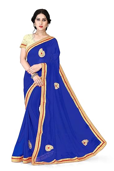 Womens Chiffon Traditional Patch Work & Lace Border Work Saree With Un-stitched Blouse Piece