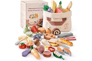 ROBOTIME Wooden Play Food 4-in-1 Cutting Set, Pretend Play Toy Food for Play Kitchen with Shopping Bag – Kids Kitchen Accesso