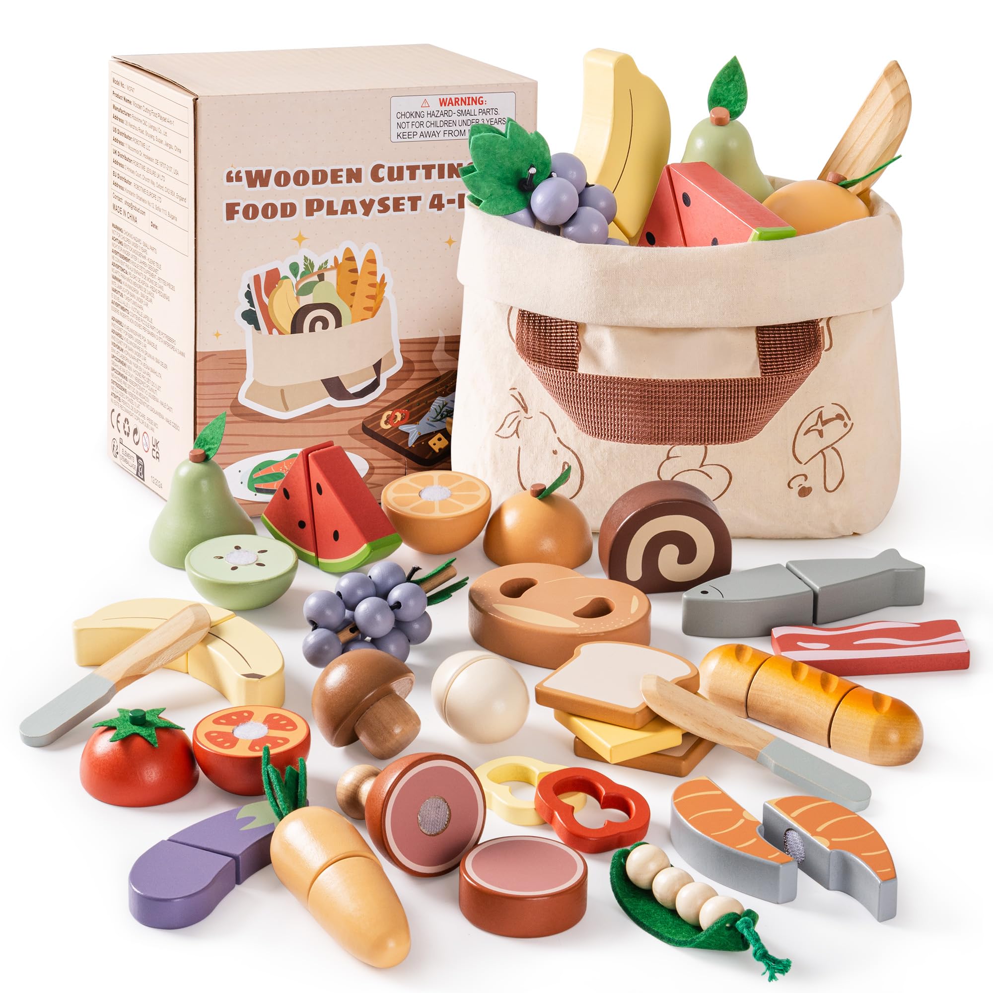 ROBOTIME Wooden Food Sets, Kitchen Cutting Toy - Toddler Realistic Pretend Play Food Toys, Montessori Learning Toys for Children with Storage Bag, Role Play Gift for Boys Girls 3+ (4-in-1 Set)