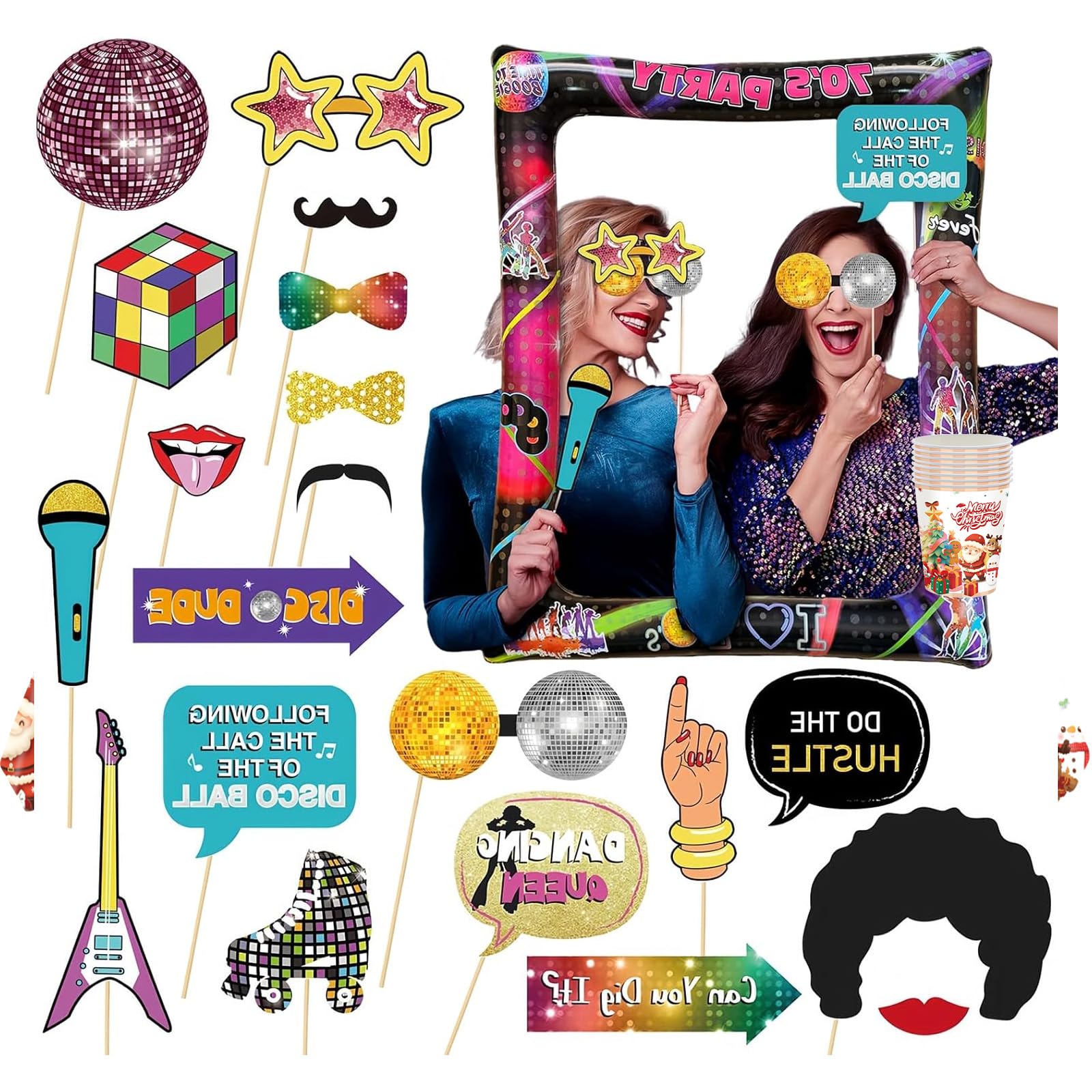 Retro 70s Party Inflatable Selfie Frame With 20 Photo Booth Props - Giant Blow Up Kit for 1970s Hippie Disco Decorations