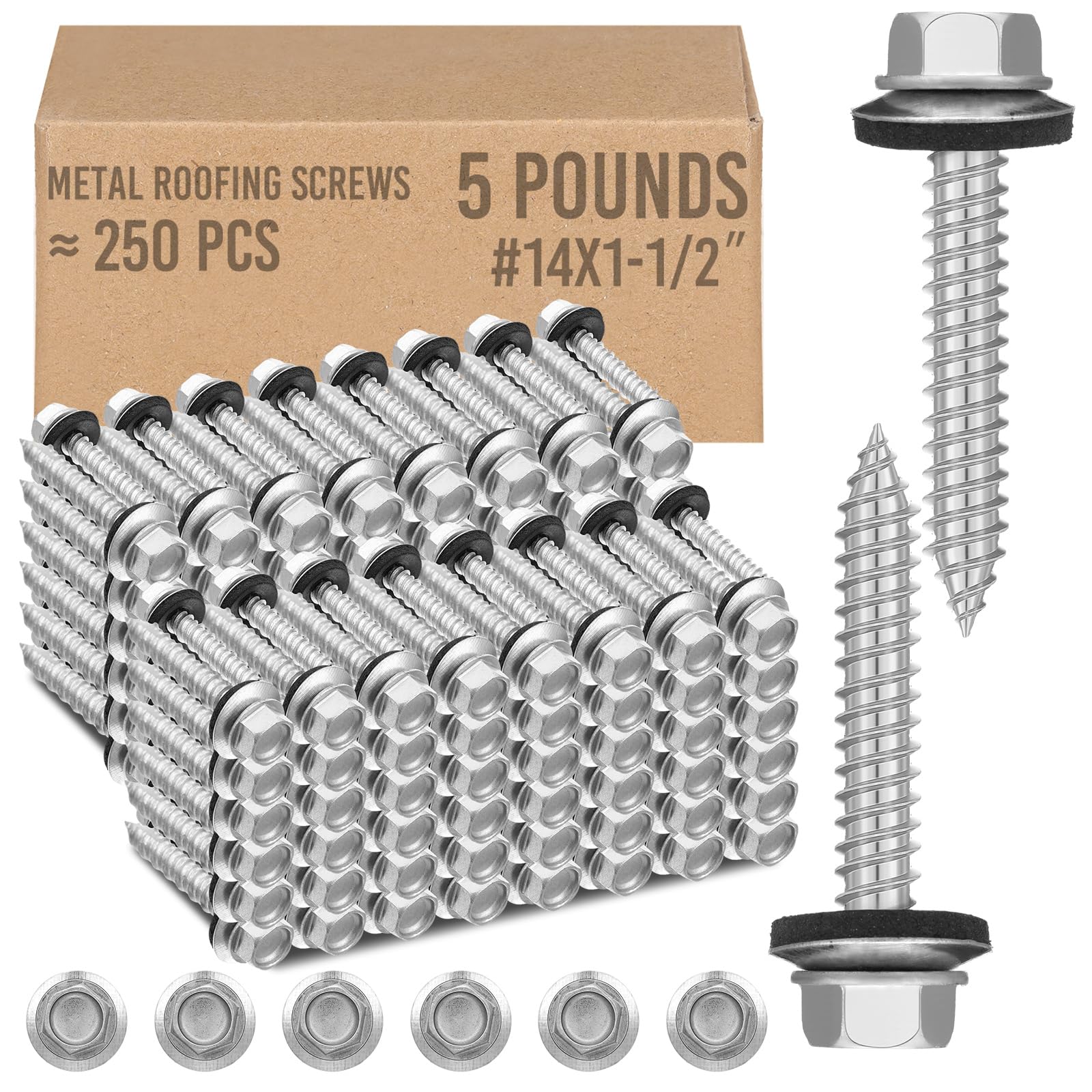 Photo 1 of Zonon 250 Pcs Metal Roofing Screws #14 x 1-1/2 Inch Hex Head Sheet Metal Screws for Roof Panels with EPDM Rubber Washer