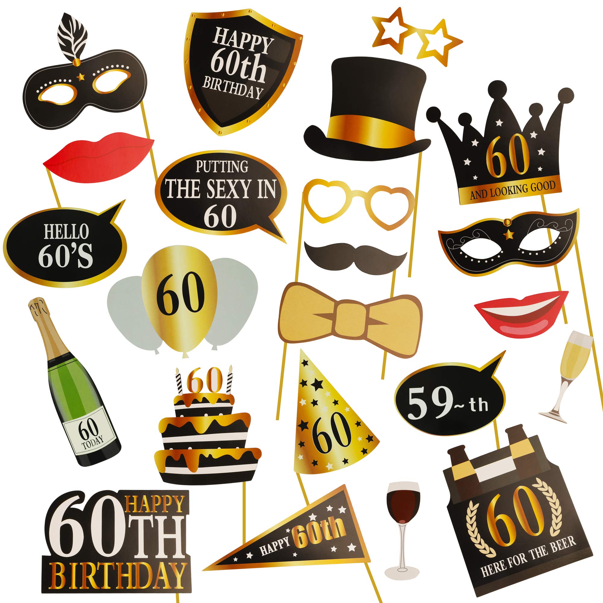 KissDate 24Pcs 60th Birthday Photo Booth Props, 60th Birthday Decorations for Men Women 60th Party Supplies Funny DIY Kit for Men Women (Black and Gold)