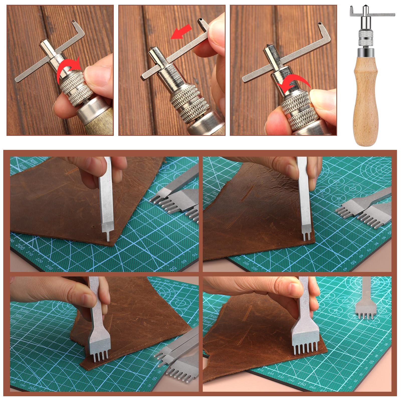 Leather Crafting Tools Leather Working Kit Tool Kit Working Tool Kit with Prong Punch, Hammer, Stitching Groover, Leathers Skiver for Leathers Making Projects