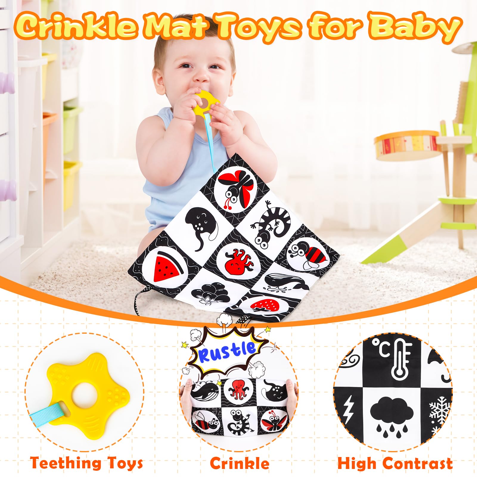 High Contrast Baby Toys for Newborn Infant 0-6 Months Montessori Tummy Time Black and White Sensory Crinkle Toys 0-3 3-6 Months Soft Books Carseat Toys for Baby Boys Girls Easter Basket Stuffers Gifts