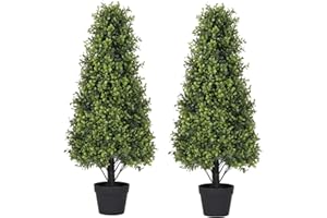 Azoco 3ft Artificial Boxwood Topiary Trees (Set of 2) - UV Resistant Faux Plants Outdoor, Realistic 36" Fake Cone Bushes and Shrubs for Front Porch, Planter, Patio - Low Maintenance & Evergreen