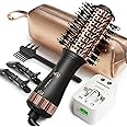 100~240V Travel Curling Hair Dryer, Small Hair Straightener Brush with European Plug Adapter for International Travel, 4 in 1 Hot Air Brush Styler & Dryer for Drying Straightening Curling Volumizing