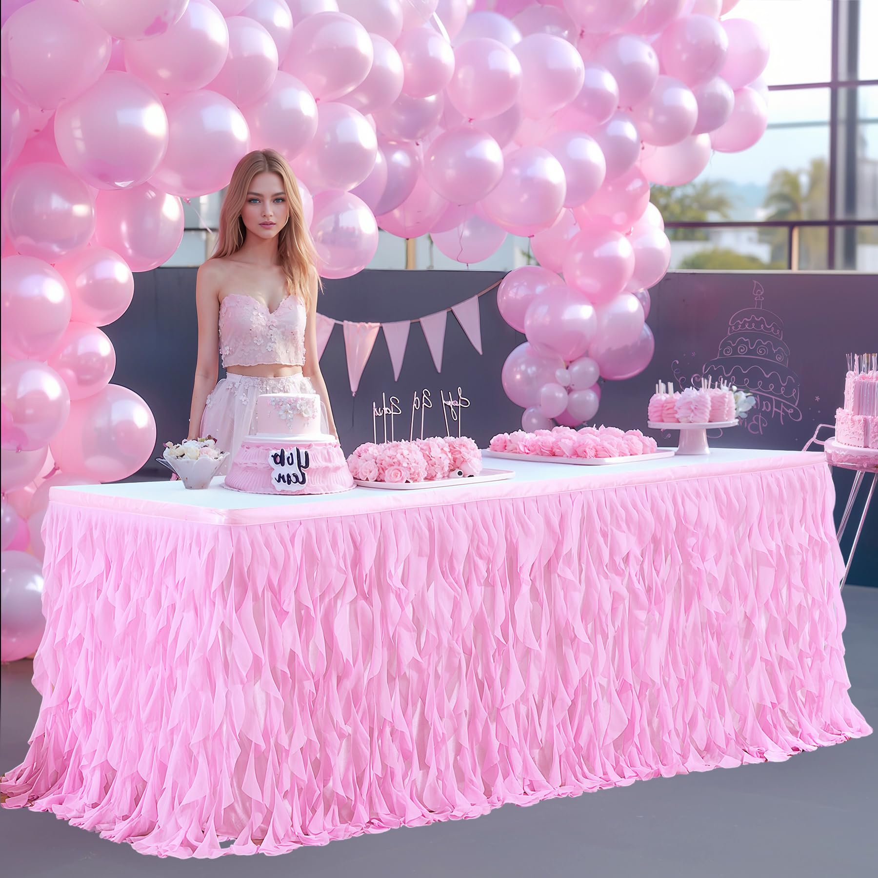 Photo 1 of Partisky Pink Tulle Curly Willow Table Skirt for Rectangle Table 9ft, Ruffle Tutu Table Cloth