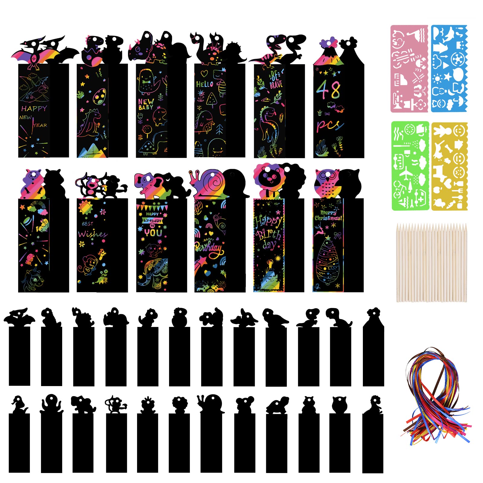 Vicloon Scratch Art for Kids, 48Pcs Magic Rainbow Bookmarks, Scratch Art Party Bag Fillers with 48 Ribbons and 24 Wood Stylus, Bookmarks for Kids with 4 Drawing Stencils School Classroom Party Favor
