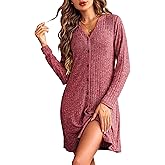 Ekouaer Nightgowns for Women Button Down Night Shirt Long Sleeve Ribbed Knit V-Neck Sleepwear Pajama Dress