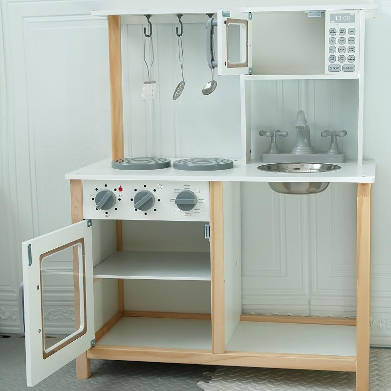 Cuisine en Bois Enfant Montessori 3+ Ans – Micro-Ondes, Four, évier & Accessoires Inclus – Solide, sûre, éducative, Couleurs Naturelles, Jeu créatif Durable