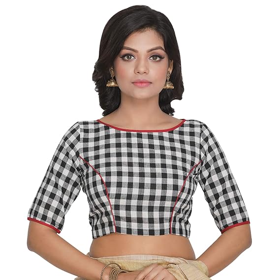 Women's Cotton Checkered Stitched Blouse (D-005200-O.WHITE)