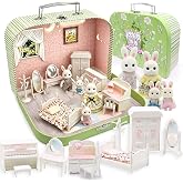 Dollhouse Bedroom Furniture Accessories Suitcase Set for Kids, Miniature Bed Wardrobe Dressing Mirror Piano Chair Table &amp; 4 Flexible Dolls, Pretend Play Toy for Girls Ages 3+ (Girls' Bedroom)