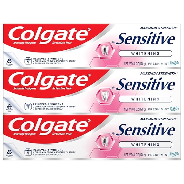 COLGATE WHITENING TOOTHPASTE FOR SENSITIVE TEETH, ENAMEL REPAIR AND CAVITY PROTECTION, FRESH MINT GEL, 6 OZ (PACK OF 3)