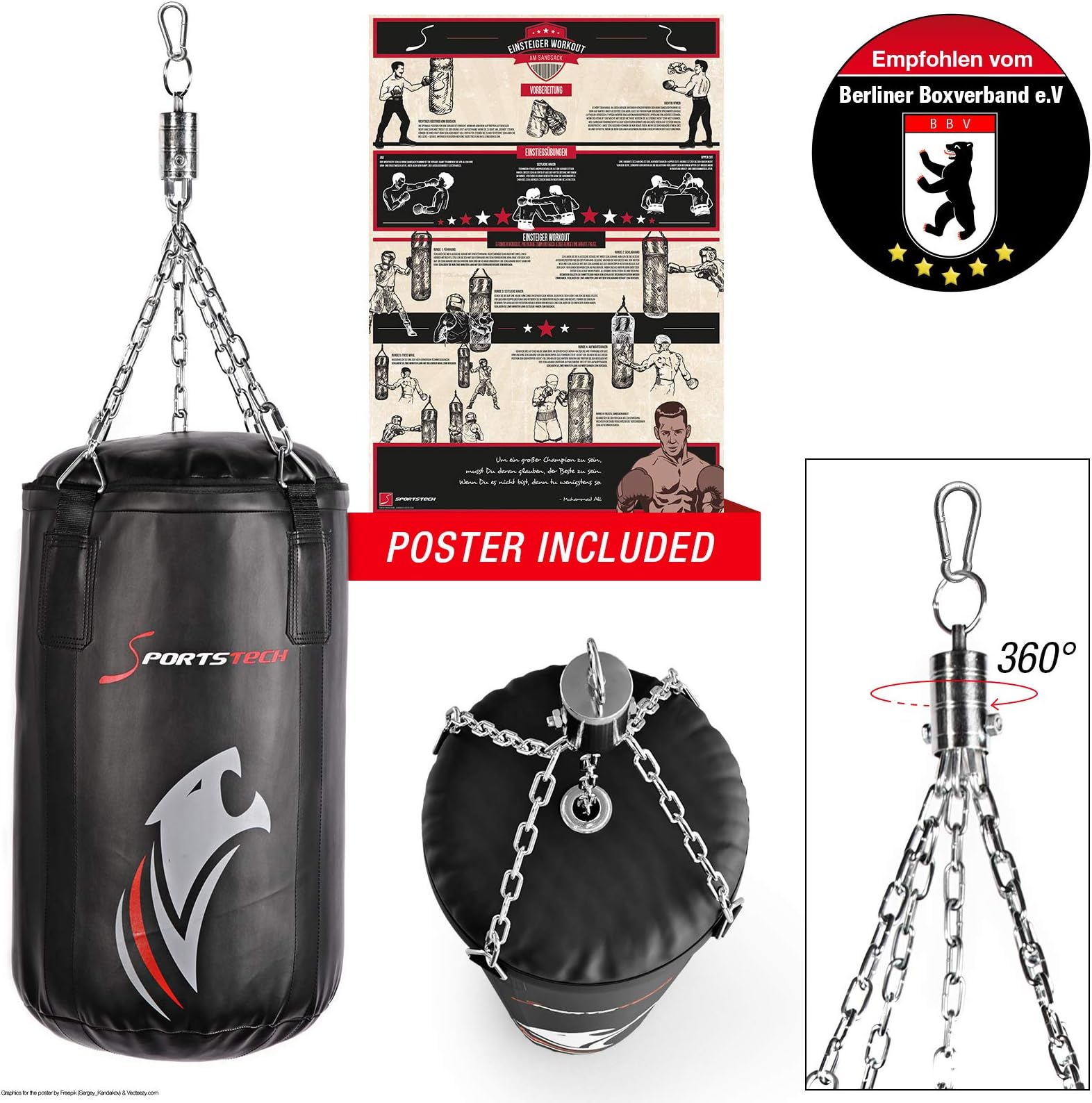 Sportstech Premium Martial Art Boxing Bag with innovative five-point steel chain + In-house developed hook and double reinforced punching bag, Set incl. Training poster for boxing