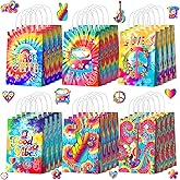 Kolldenn 24 Pcs Tie Dye Party Favor Bags Hippie Goodie Gift Paper Bags with Handles Colorful 60s 70s Retro Groovy Candy Treat Pouch for Tie Dye Birthday Party Decorations Supplies