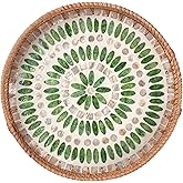 YANGQIHOME Round Serving Tray with Decorative Mother of Pearl Inlay, Wicker Tray for Home Decor, Table Decor, Gifts, Dining, Woven Tray for Food, Fruit, Coffee, 13.8 inch