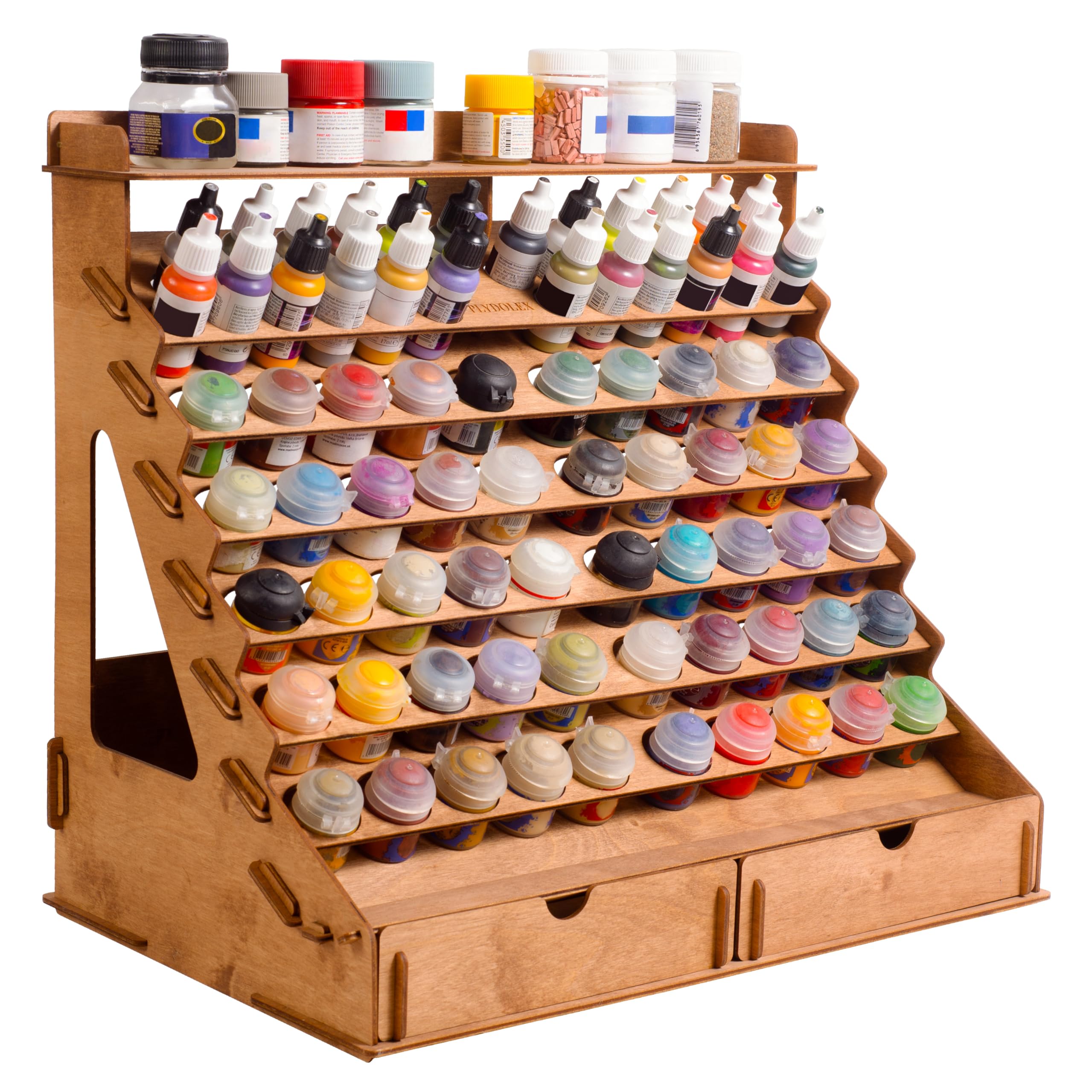 Photo 1 of Plydolex Wooden Paint Organizer - 74 Holes Suitable for Vallejo, Citadel, Tamiya Paint Bottles - 14 Brushes Holes, 6 Minis Stands and 2 Drawers - Works for Warhammer, DnD and Other Miniatures