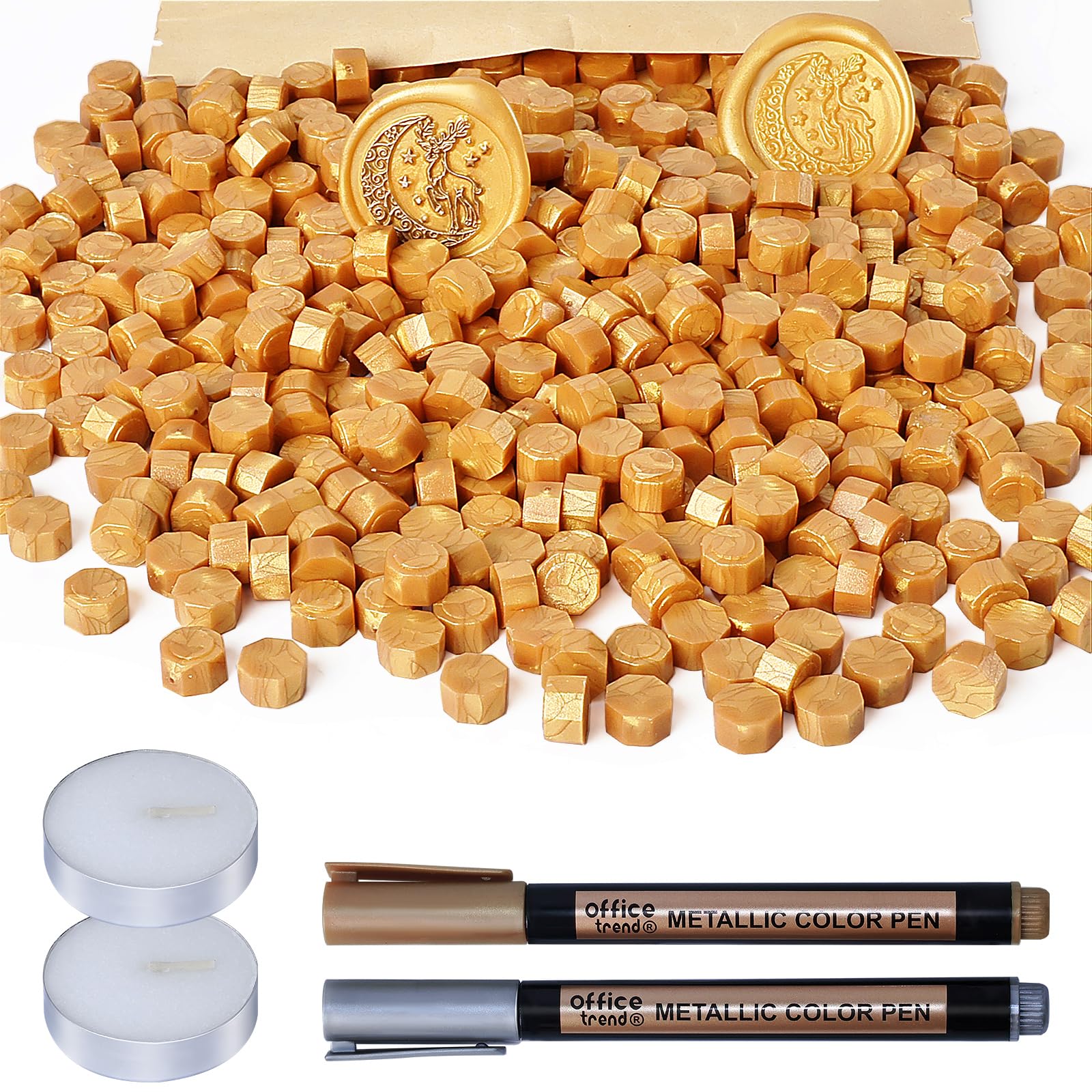 WEWINK PLUS 304PCS Wax Seal Beads Set, 300PCS Gold Sealing Wax Beads with 2Pcs Tea Candles and 2Pcs Metallic Pen for Invitations, Envelope, Crafts, Stamp Seals, Decoration, Letter, Gift