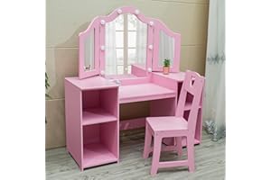 MILLELOOM Kids Vanity Table, Girls Vanity Withtouch Light Detachable Tri-Folding Mirror, Open Storage Shelves, Wood Makeup Playset with Chair, Princess Vanity Table for Toddlers